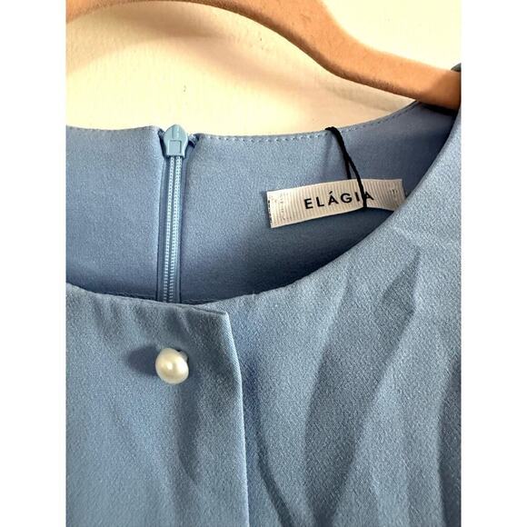 ELAGIA Sky-Blue Buttoned Puff-Sleeve Midi Dress Faux-Pearl Buttons - Large- NWT - Picture 3 of 6